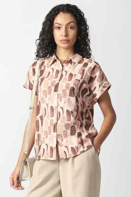 VAN HEUSEN | Women Beige Print Short Sleeves Casual Shirt