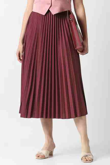 VAN HEUSEN | Women Maroon Solid Party Calf-Length Skirt