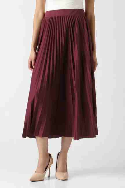 VAN HEUSEN | Women Maroon Solid Party Calf-Length Skirt