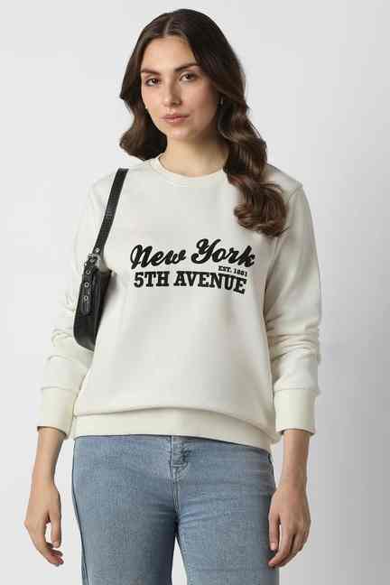 VAN HEUSEN | Women White Print Round Neck Sweatshirt