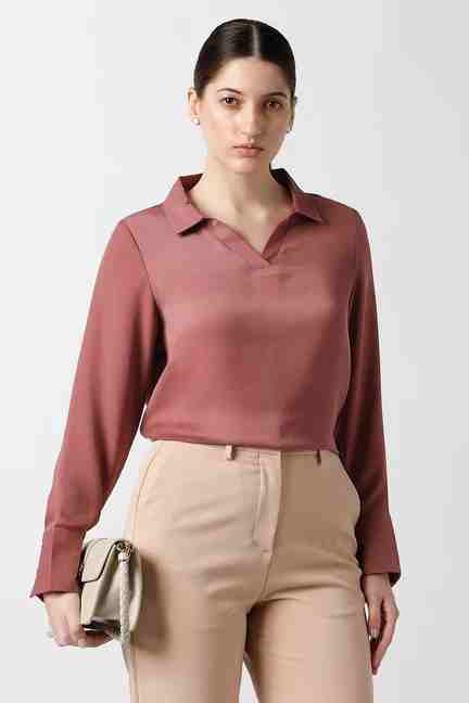 VAN HEUSEN | Women Maroon Solid Formal Stylized Neck Top