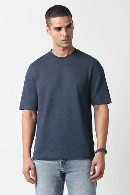 VAN HEUSEN | Men Navy Textured Crew Neck T-shirt
