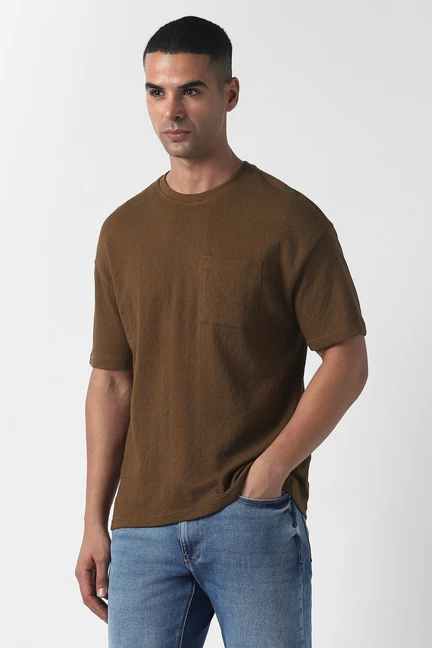 VAN HEUSEN | Men Brown Solid Crew Neck T-shirt
