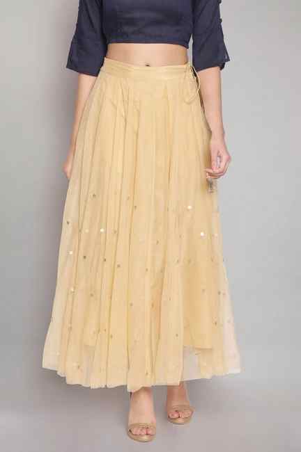 W | W for Woman Gold Solid Sequin Flared Woven Skirt