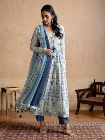 designer dresses by ritu kumar Shop On Sale - Upto 50% Off Color:Brushed Natural Ink Blue Groom with weekend dress Dupatta The multicolor floral long