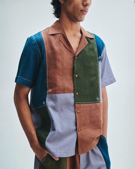 Patchwork Linen Men's Camp Collar Shirt Set