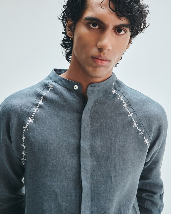 Slate Linen Embroidered Men's Raglan Shirt