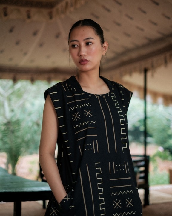 Nara Gathered Dress - Black Mud Print
