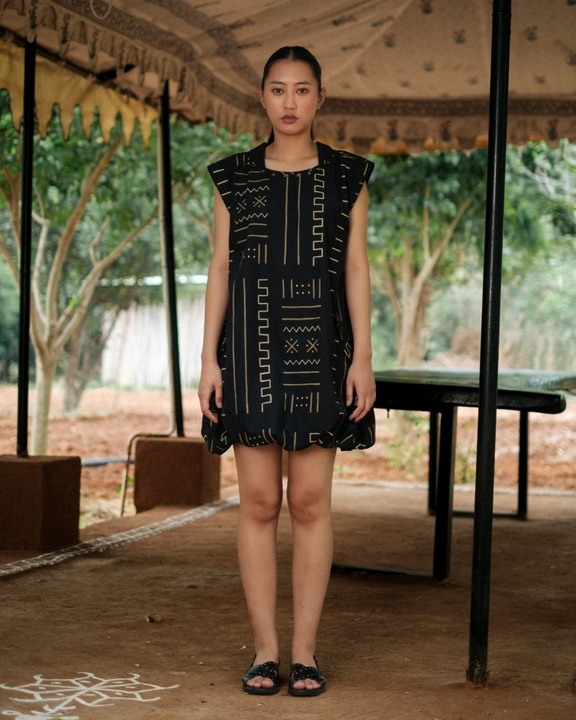 Nara Gathered Dress - Black Mud Print