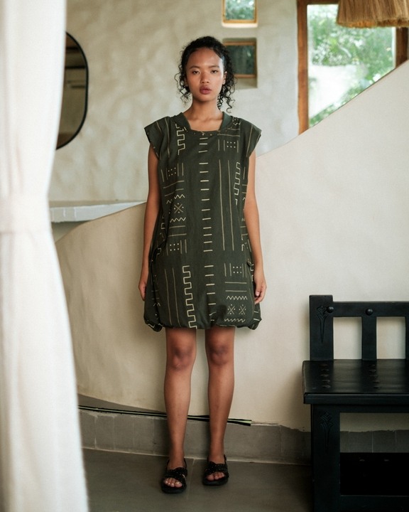 Nara Gathered Dress - Green Mud Print