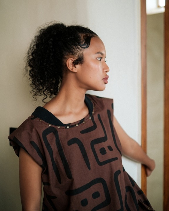Nara Gathered Dress - Brown Tribal Print