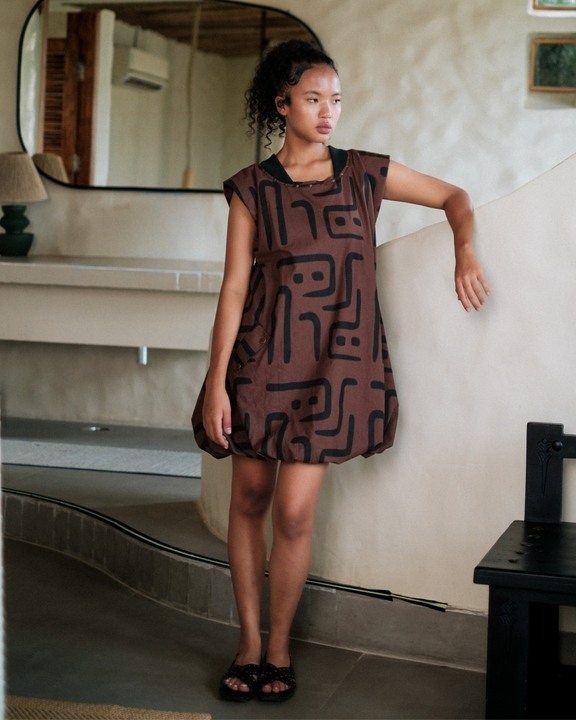 Nara Gathered Dress - Brown Tribal Print