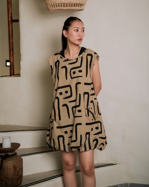 Nara Gathered Dress - Khaki Tribal Print