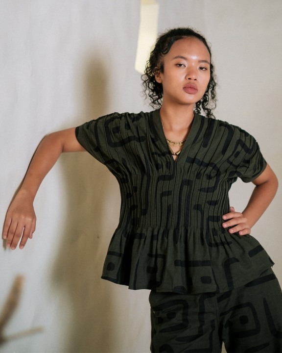 Meknes Kimono Top - Green Tribal Print