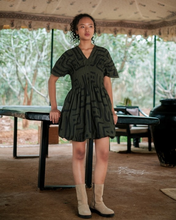 Meknes Kimono Dress - Green Tribal Print