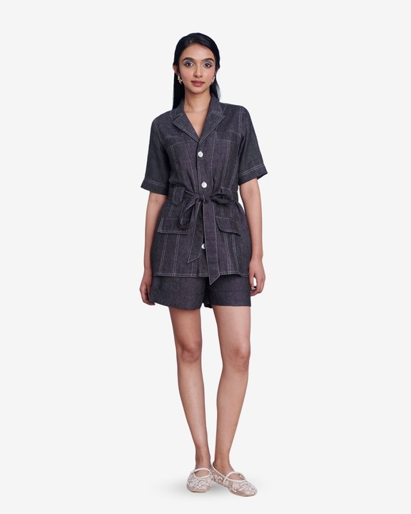 Graphite Linen Denim Front Tie Jacket And Shorts Set