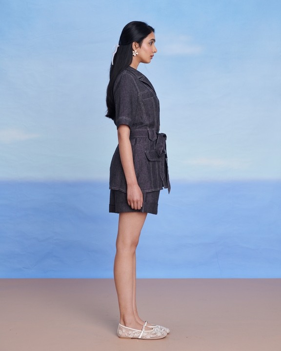 Graphite Linen Denim Front Tie Jacket And Shorts Set