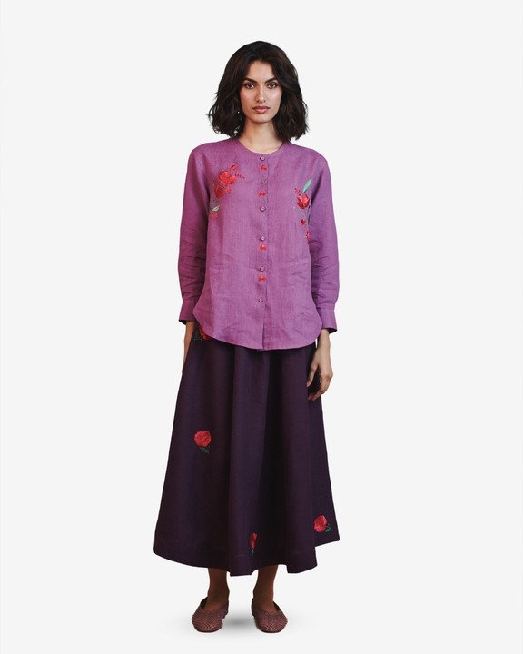 Embroidered Shirt Flared Skirt Set