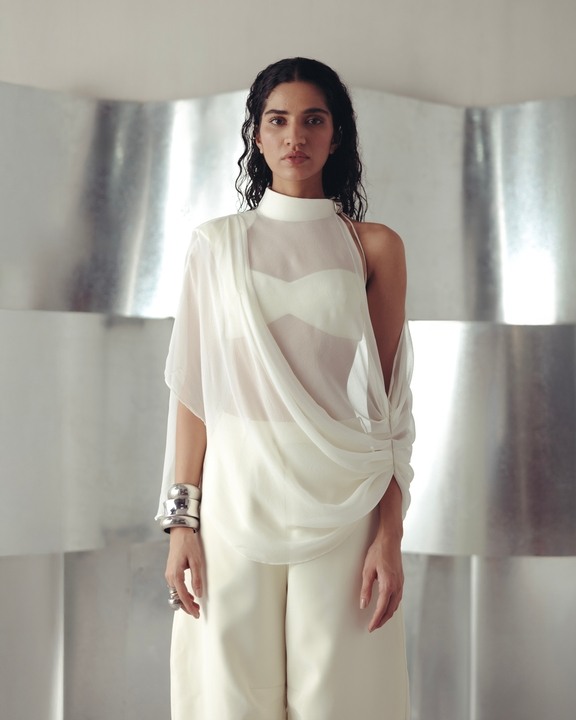 Antique White Asymmetric Georgette Top and Pants