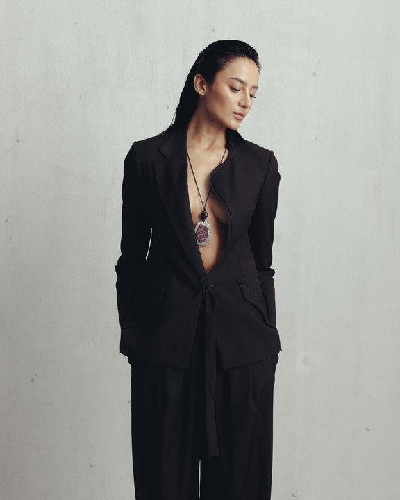 Seal Brown Cut Out Lapel Blazer and Pants