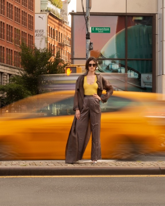 Chateau Gray Long Organza Trench & Pants With Tendor Yellow Bodysuit