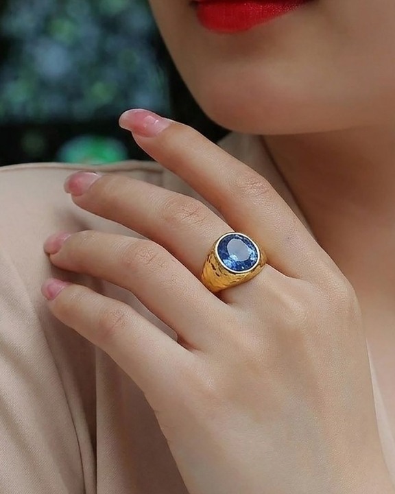 Gold Plated Blue Stone Dome 92.5 Sterling Silver Men's Ring