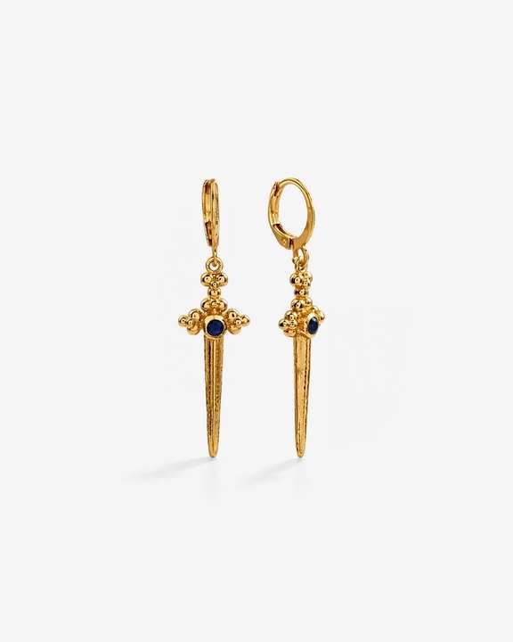 Dagger Drop Earrings with Blue Stone in 92.5 Sterling Silver