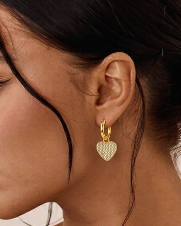 Gold Plated Crystal Pavé Heart Charm 92.5 Sterling Silver Hoop Earrings