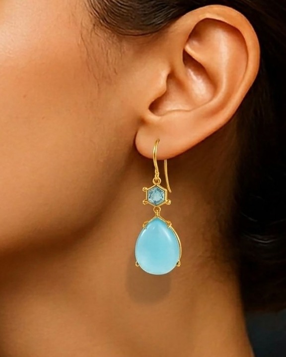 Gold Plated Aqua Chalcedony and Blue Topaz 92.5 Sterling Silver Earrings