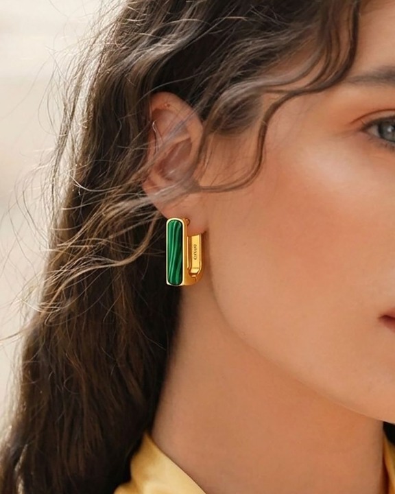 Gold Plated Malachite Bar Huggie Earrings