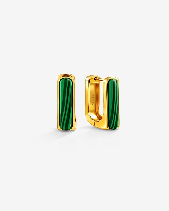 Gold Plated Malachite Bar Huggie Earrings
