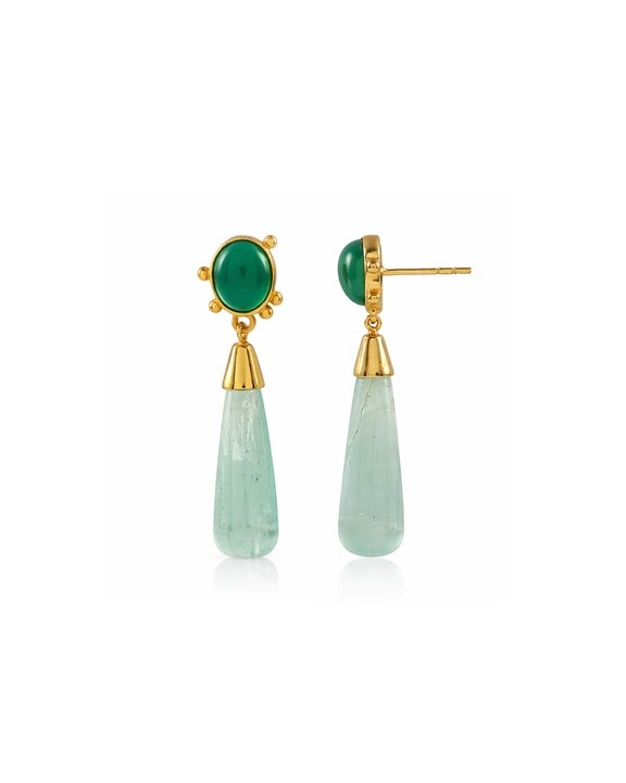 Green Onyx and Flourite Long Drop Gold Earrings