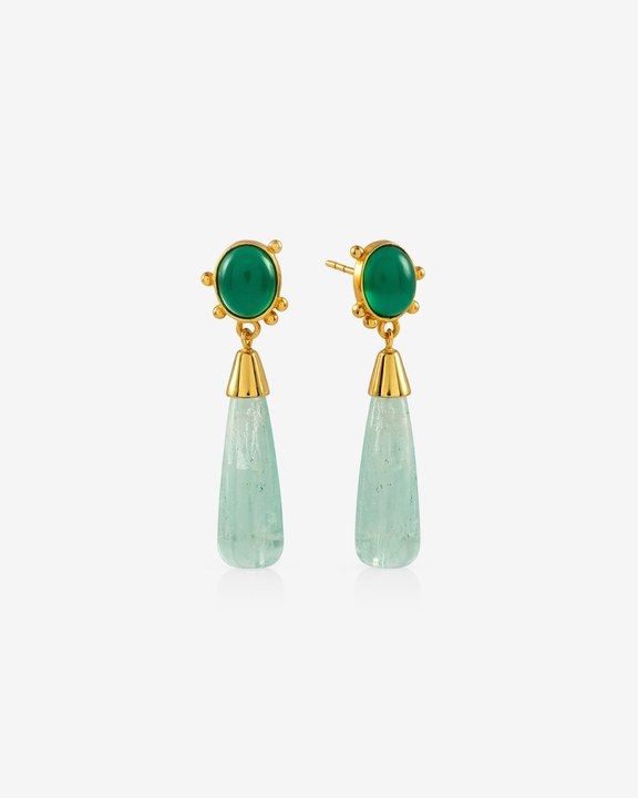 Green Onyx and Flourite Long Drop Gold Earrings