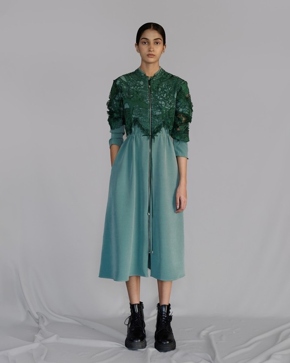 Green Map Embroidery Long Dress