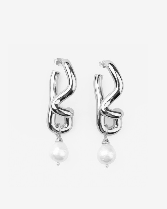 Freeform Pearl Drop Silver Hoops