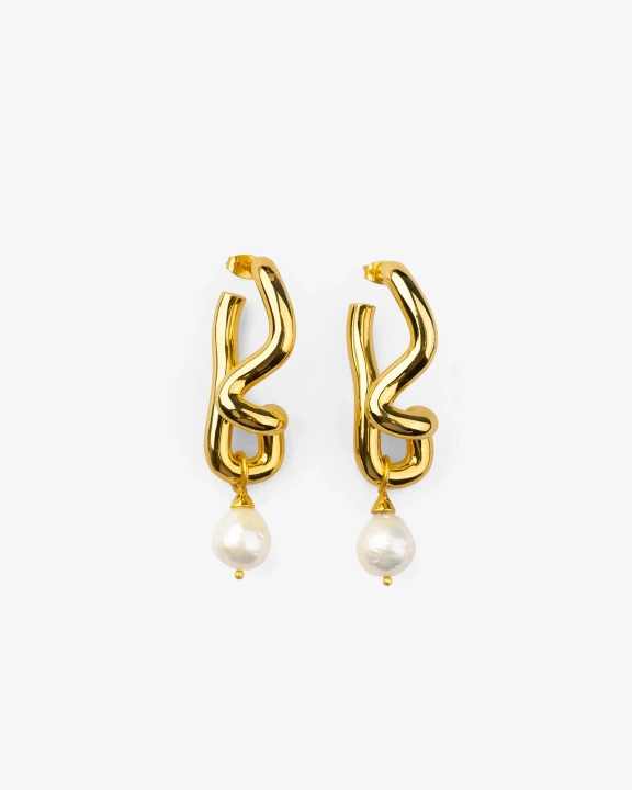 Freeform Pearl Drop Gold Hoops