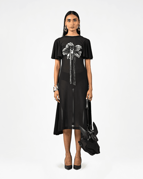 Sculpted Black Hand-embroidered Lycra Dress