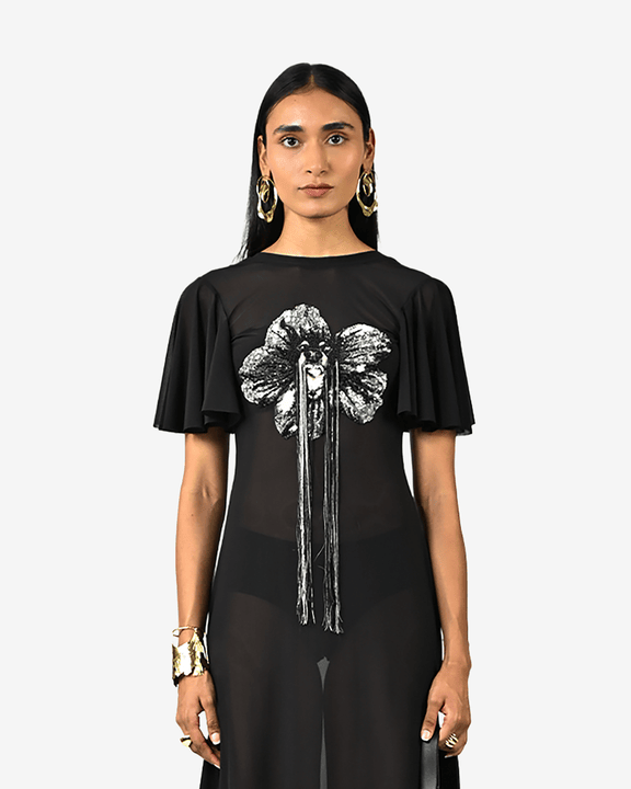 Sculpted Black Hand-embroidered Lycra Dress