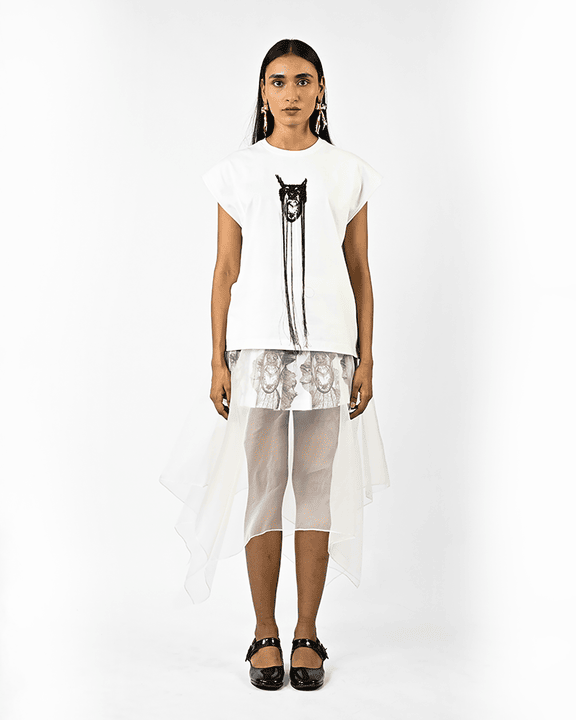 Hand-embroidered Canine Top With Hanging Silk Threads (Women's) - White