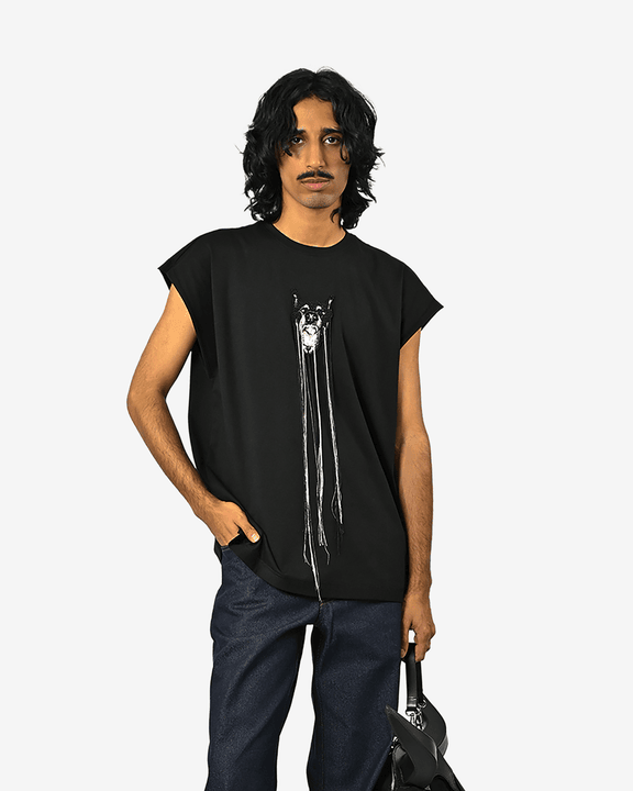 Hand-embroidered Canine Top With Hanging Silk Threads (Men's) - Black