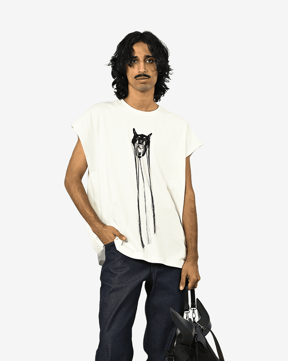 Hand-embroidered Canine Top With Hanging Silk Threads (Men's) - White