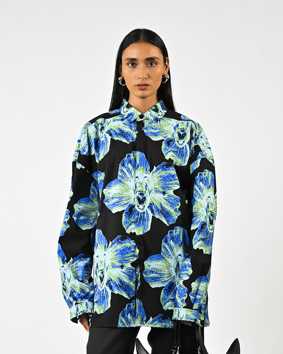 Canine Printed Oversized Cotton Shirt - Black