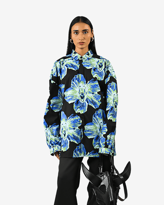 Canine Printed Oversized Cotton Shirt - Black