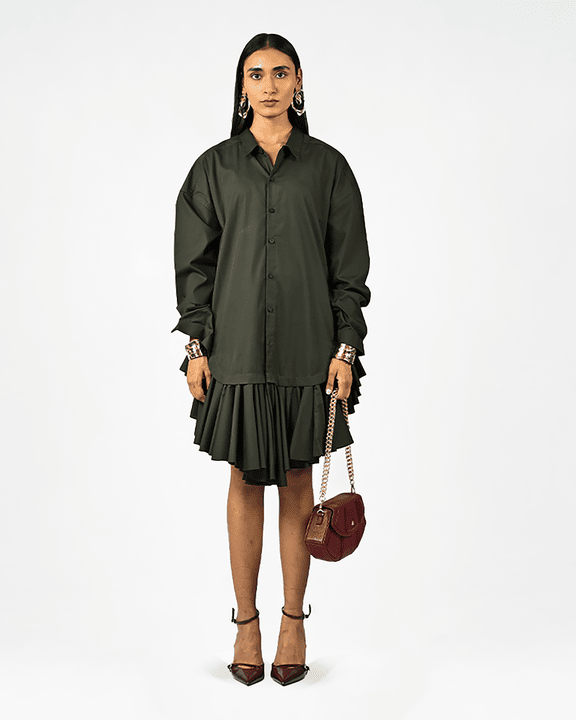 Plain Ruffle-edged Shirt Dress