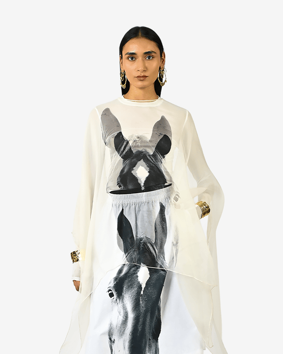 Horse Printed Sleeveless Organza Kaftan