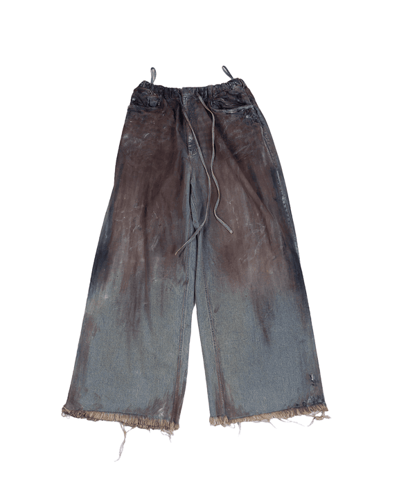 Oversized unisex denim with hand-painted whitewash surface (Indigo)