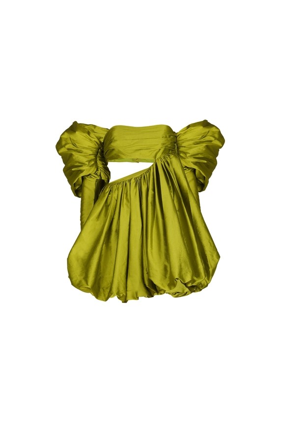 Green Taffeta Puff Sleeve Dress