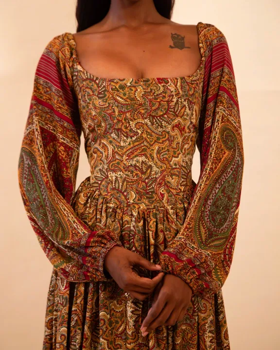 Brown Full Sleeve Paisley Silk Corset Dress
