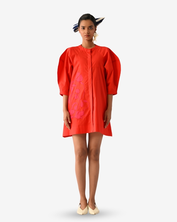 Mono Crimson Bubble Sleeve Aline Short Appliqué Dress