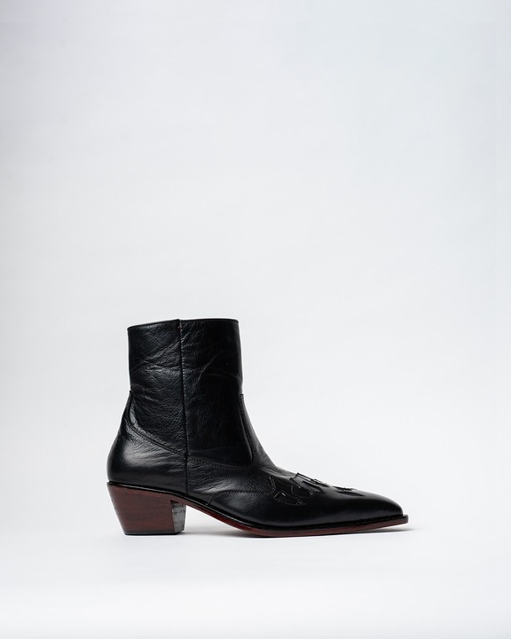 Cowboy Ankle Boots With a Square Pointed Toe and Trapezoid Heel, Featuring a Side Zip Closure